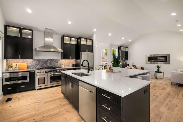 kitchen with wall chimney range hood, stainless steel appliances, dark cabinetry, and a sink
