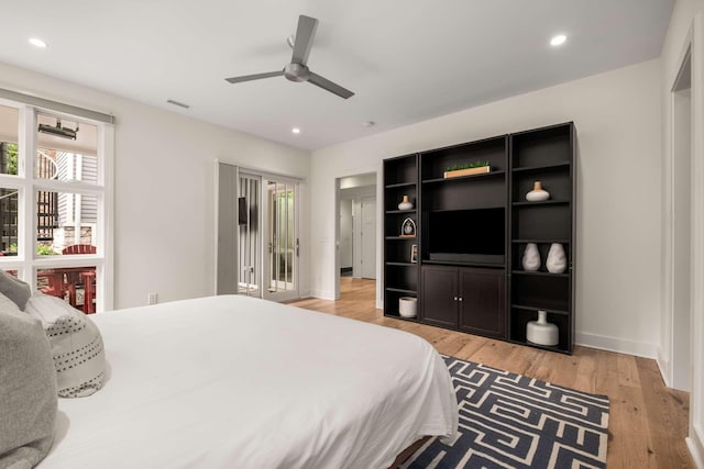 bedroom featuring recessed lighting, ceiling fan, visible vents, and light wood-style floors