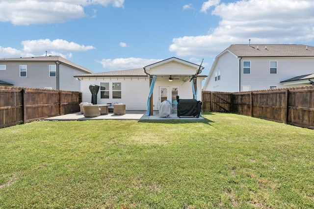 4326 Bomeadows Dr, Murfreesboro, TN 37128 - back of house featuring a yard, ceiling fan, a fenced backyard, and a patio area