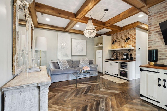 5715 Greenbrier Rd, Franklin, TN 37064 - living area with recessed lighting, a notable chandelier, beam ceiling, and coffered ceiling