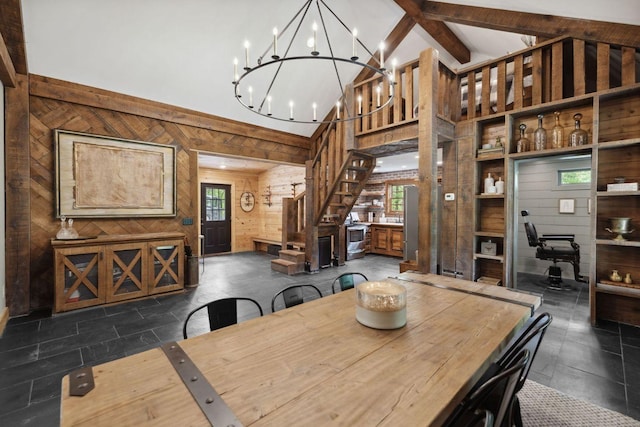 5715 Greenbrier Rd, Franklin, TN 37064 - dining area with plenty of natural light, high vaulted ceiling, wooden walls, and stairway