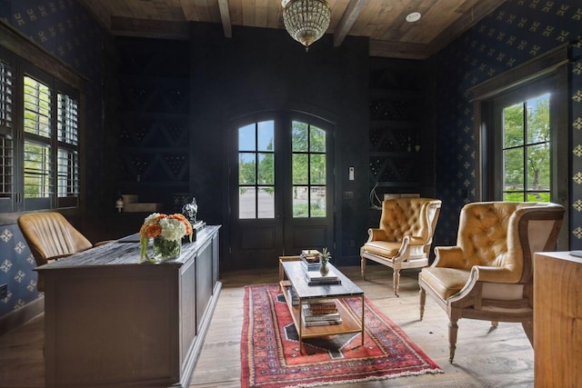 5715 Greenbrier Rd, Franklin, TN 37064 - sitting room with wood ceiling, wallpapered walls, a wealth of natural light, and wood finished floors
