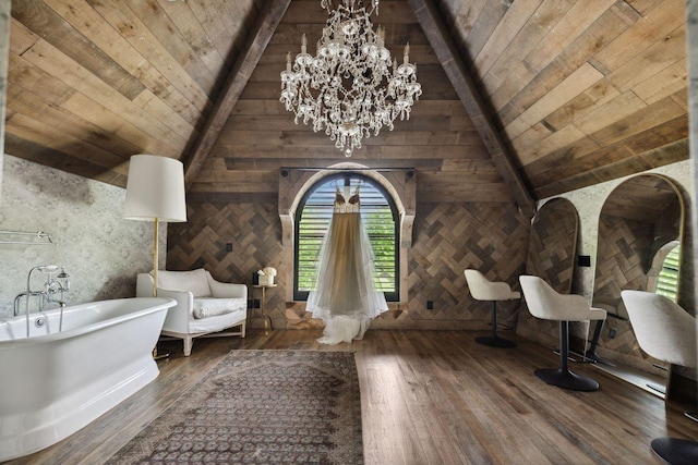 5715 Greenbrier Rd, Franklin, TN 37064 - living area with vaulted ceiling with beams, wood ceiling, hardwood / wood-style flooring, and an inviting chandelier