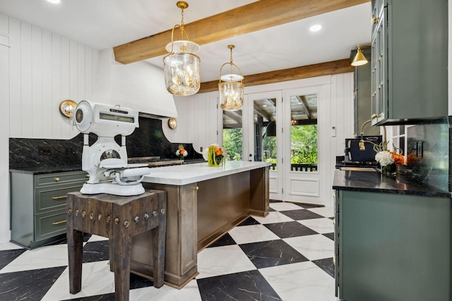 5715 Greenbrier Rd, Franklin, TN 37064 - kitchen featuring recessed lighting, green cabinetry, hanging light fixtures, and beamed ceiling
