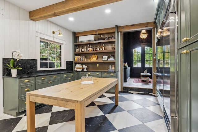5715 Greenbrier Rd, Franklin, TN 37064 - interior space with french doors, decorative backsplash, beam ceiling, and recessed lighting