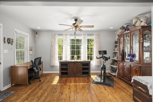 interior space with baseboards, plenty of natural light, ceiling fan, and light wood-style floors