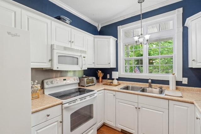 1005 Lauren Cir, Burns, TN 37029 - kitchen with an inviting chandelier, white appliances, light countertops, white cabinetry, and a sink