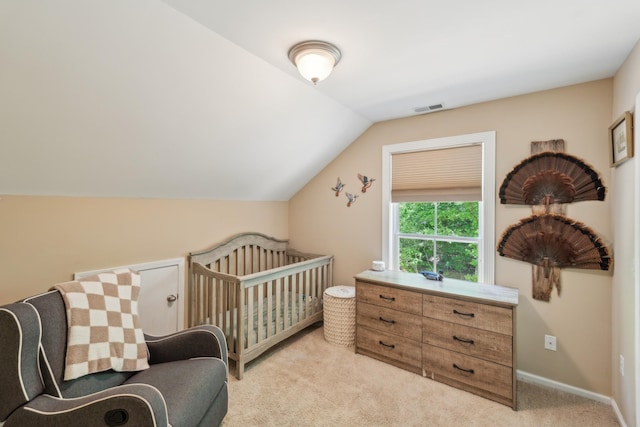 1005 Lauren Cir, Burns, TN 37029 - bedroom with baseboards, light carpet, vaulted ceiling, and visible vents