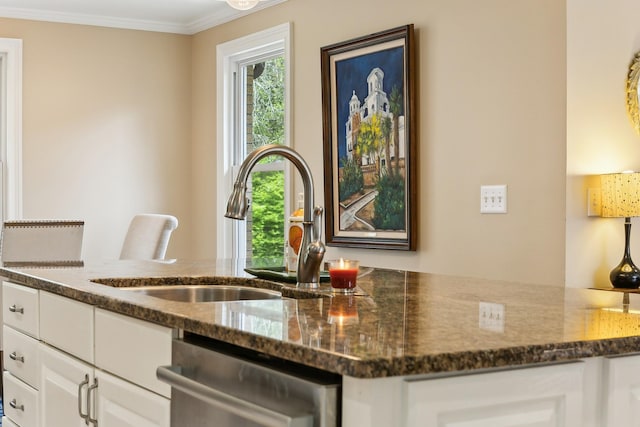 921 Cooks Rd, Mount Juliet, TN 37122 - room details with stainless steel dishwasher, a sink, dark stone counters, and crown molding