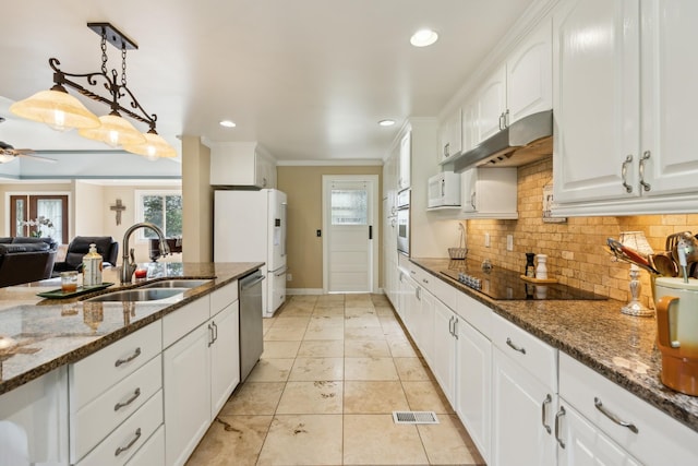 921 Cooks Rd, Mount Juliet, TN 37122 - kitchen with a sink, white cabinets, under cabinet range hood, and white appliances