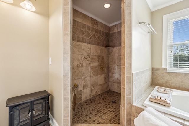921 Cooks Rd, Mount Juliet, TN 37122 - bathroom with ornamental molding, tiled shower, and a bath