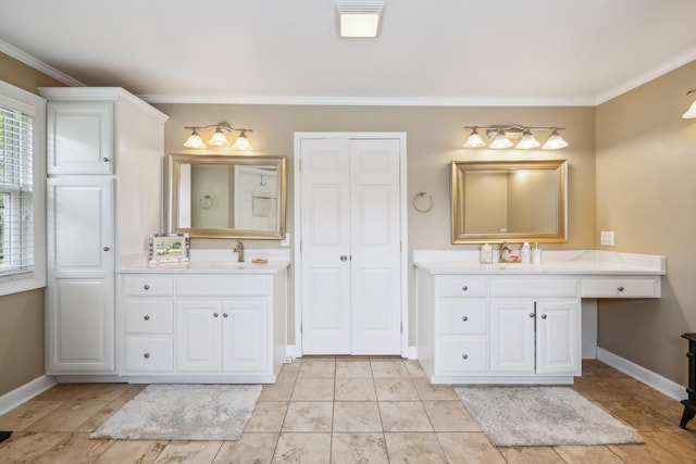 921 Cooks Rd, Mount Juliet, TN 37122 - bathroom with crown molding, a sink, baseboards, and two vanities