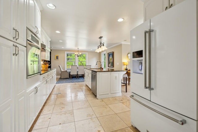 921 Cooks Rd, Mount Juliet, TN 37122 - kitchen with stainless steel appliances, recessed lighting, white cabinetry, light tile patterned floors, and a kitchen bar