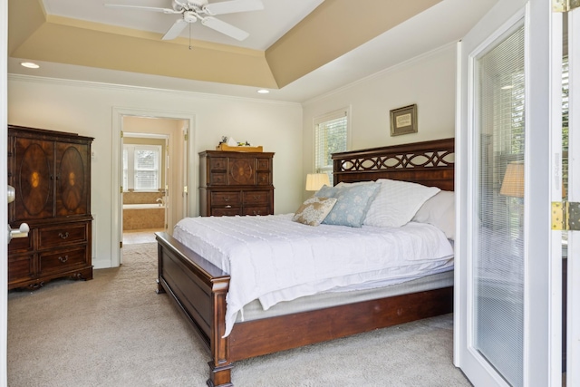 921 Cooks Rd, Mount Juliet, TN 37122 - bedroom featuring ornamental molding, light carpet, recessed lighting, connected bathroom, and a tray ceiling