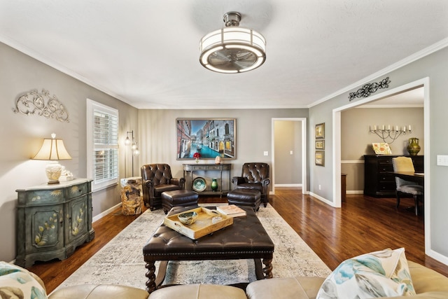 living area with baseboards, ornamental molding, and wood finished floors