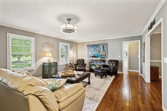 living room featuring a textured ceiling, baseboards, dark wood-style floors, and ornamental molding