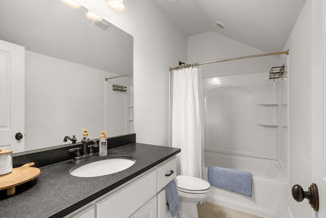 full bath with vanity, tile patterned flooring, toilet, shower / bathtub combination with curtain, and vaulted ceiling