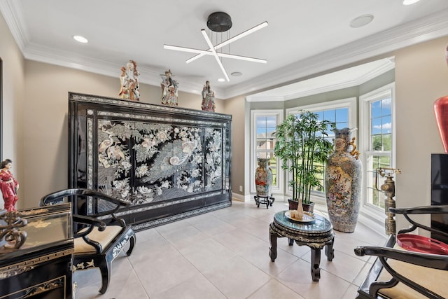 sitting room with crown molding, recessed lighting, and tile patterned flooring
