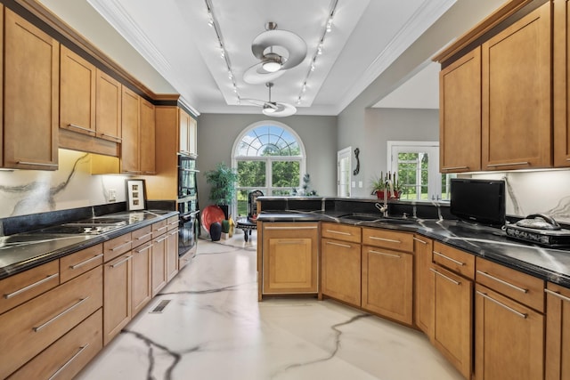 kitchen with brown cabinetry, ornamental molding, a sink, a peninsula, and rail lighting