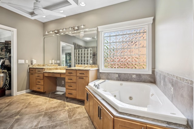 full bath with vanity, a whirlpool tub, and ceiling fan