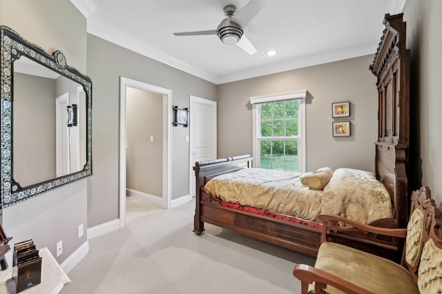 bedroom featuring crown molding, baseboards, recessed lighting, light colored carpet, and a ceiling fan