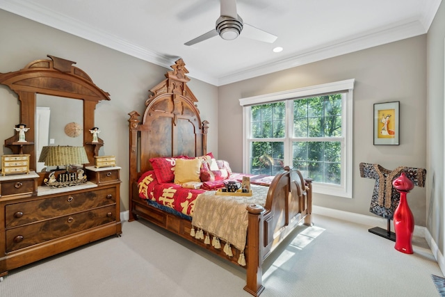 carpeted bedroom featuring crown molding, a ceiling fan, baseboards, and recessed lighting