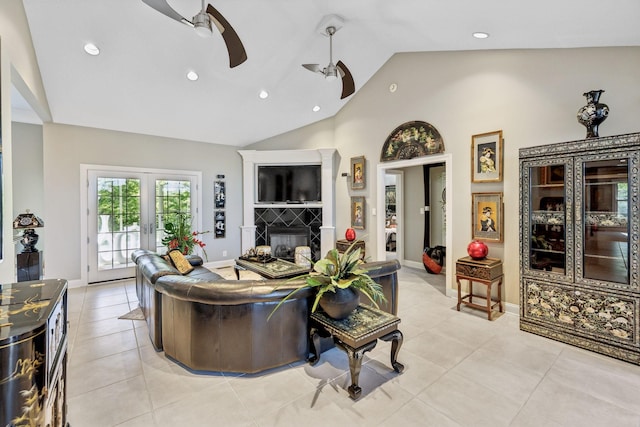 living room featuring high vaulted ceiling, recessed lighting, french doors, a ceiling fan, and light tile patterned floors
