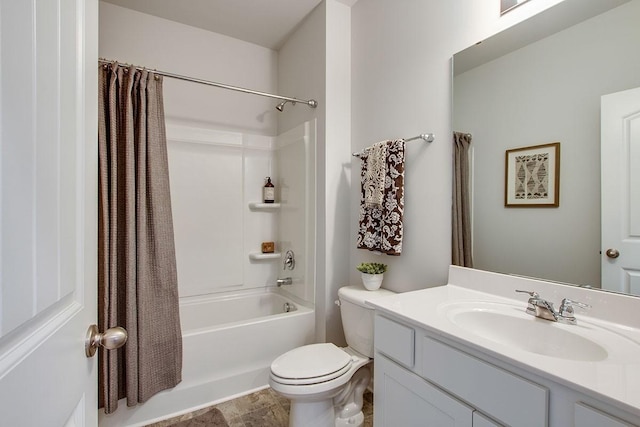 bathroom featuring vanity, toilet, and shower / tub combo with curtain