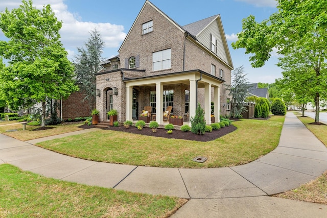 view of front facade featuring brick siding, a front lawn, and covered porch