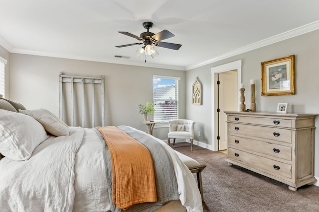 bedroom featuring crown molding, carpet floors, a ceiling fan, baseboards, and visible vents