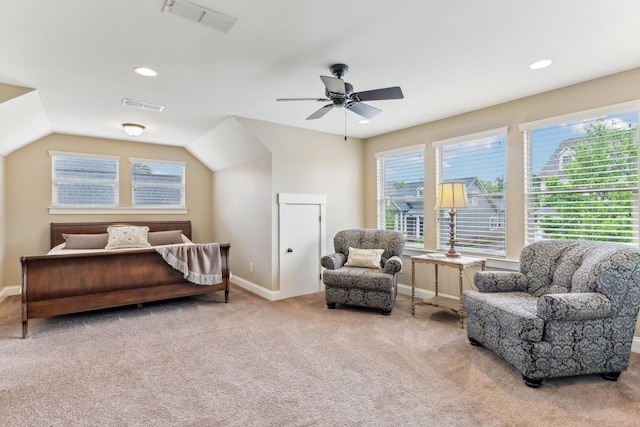 carpeted bedroom with baseboards, ceiling fan, recessed lighting, and visible vents