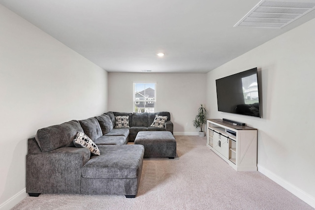 living room with light colored carpet, baseboards, visible vents, and recessed lighting