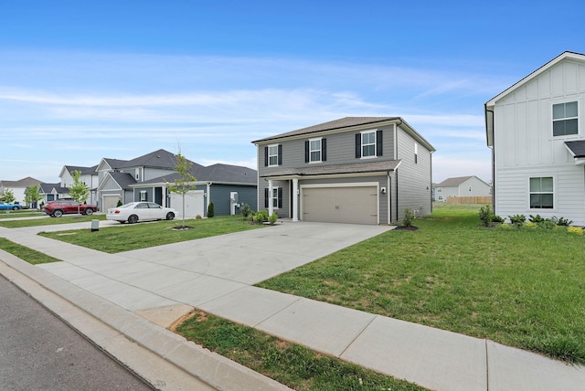 traditional-style house with an attached garage, a front lawn, a residential view, and concrete driveway
