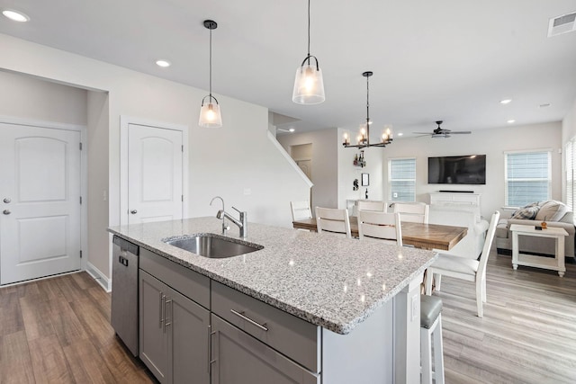 kitchen featuring ceiling fan, a sink, visible vents, dishwasher, and gray cabinetry