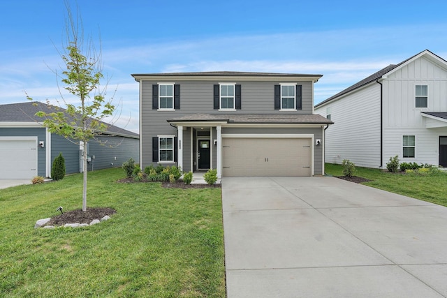 traditional-style house with an attached garage, a front yard, and concrete driveway