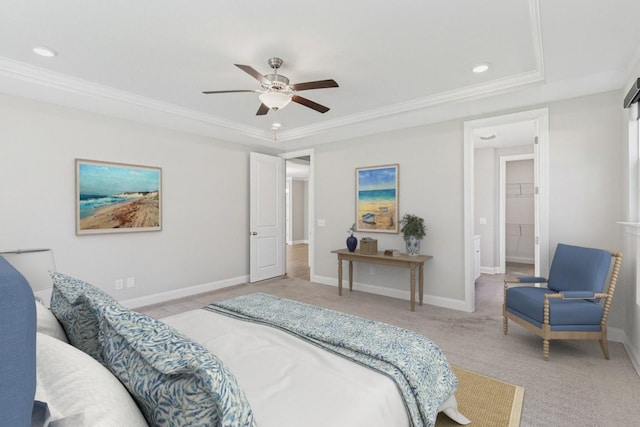 7205 Lake Rd, Fairview, TN 37062 - carpeted bedroom with a raised ceiling, ornamental molding, baseboards, recessed lighting, and a ceiling fan