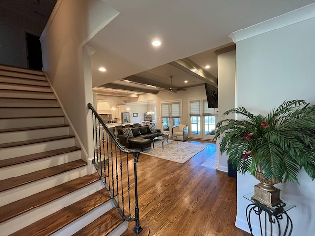 interior space featuring ceiling fan, french doors, recessed lighting, baseboards, and wood finished floors