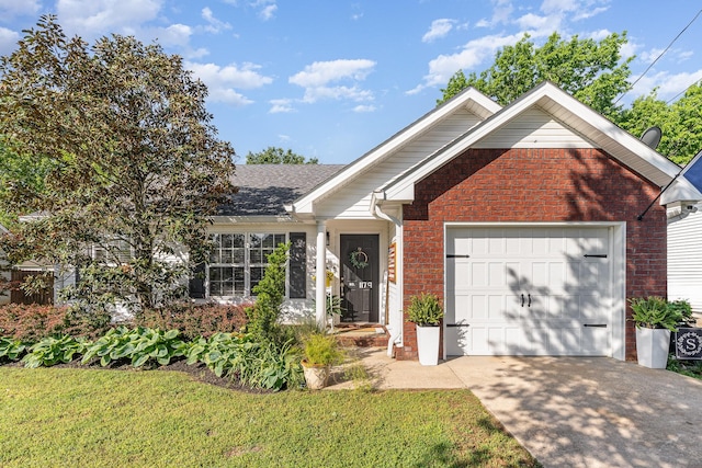 ranch-style home featuring an attached garage, concrete driveway, a front yard, and brick siding