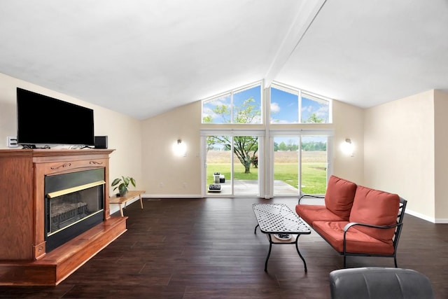 401 Longview St, Athens, AL 35611 - living room with a fireplace with raised hearth, baseboards, dark wood finished floors, and lofted ceiling