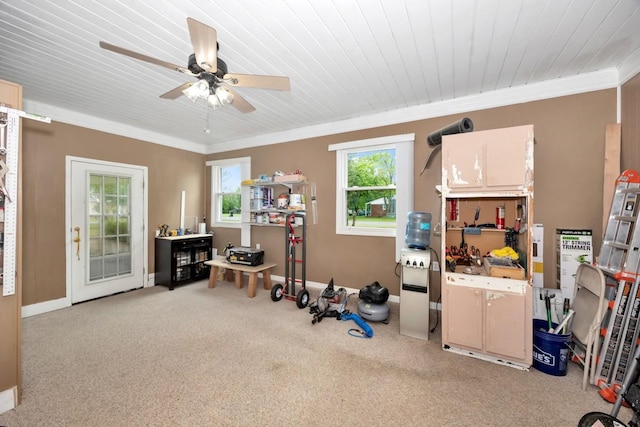 401 Longview St, Athens, AL 35611 - interior space with wooden ceiling, ornamental molding, a ceiling fan, and carpet flooring