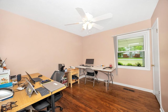 401 Longview St, Athens, AL 35611 - office featuring baseboards, ceiling fan, wood finished floors, and visible vents