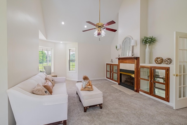 160 Robert E Lee Dr, Manchester, TN 37355 - living room with a ceiling fan, carpet, a fireplace with flush hearth, and high vaulted ceiling