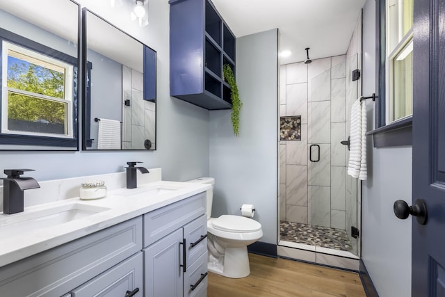 full bath featuring a sink, wood finished floors, toilet, and a shower stall