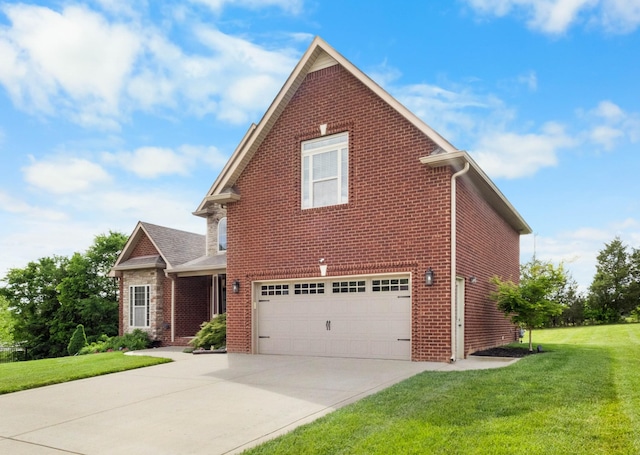 view of front of house with a garage, driveway, a front yard, and brick siding