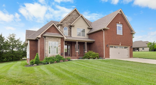 craftsman inspired home featuring stone siding, concrete driveway, a garage, a front lawn, and roof with shingles