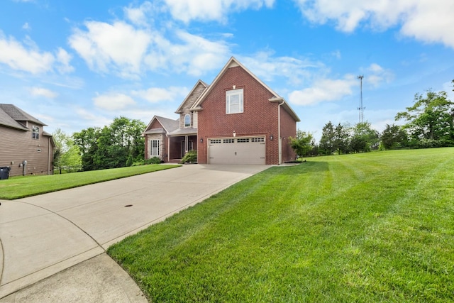 view of front facade featuring brick siding, an attached garage, concrete driveway, and a front yard