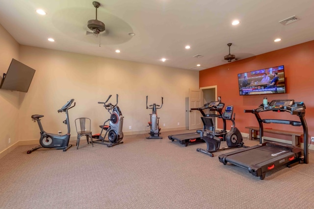 gym featuring a ceiling fan, recessed lighting, baseboards, and carpet floors