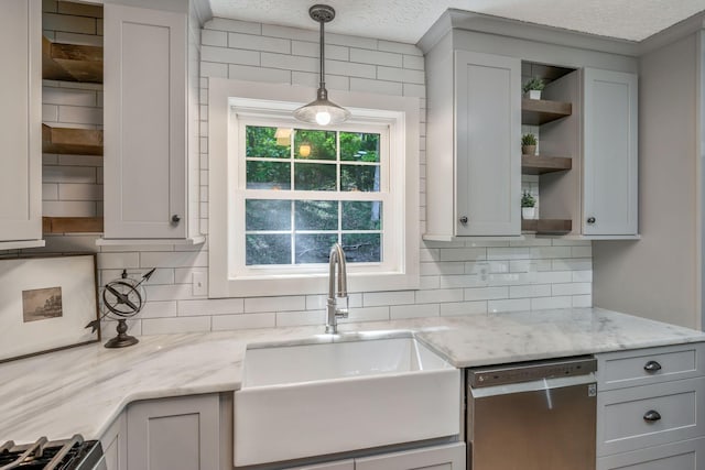 1780 Warren Hollow Rd, Nolensville, TN 37135 - kitchen featuring stainless steel dishwasher, a sink, open shelves, and decorative backsplash