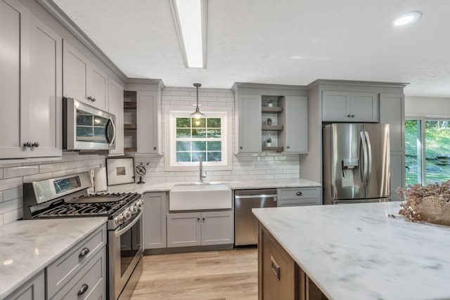 1780 Warren Hollow Rd, Nolensville, TN 37135 - kitchen featuring appliances with stainless steel finishes, a sink, gray cabinetry, open shelves, and decorative backsplash