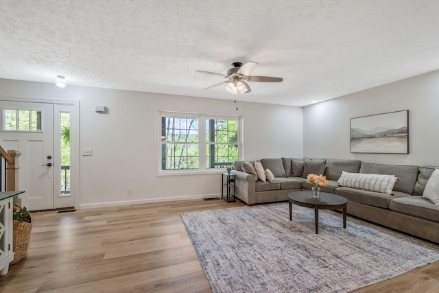 1780 Warren Hollow Rd, Nolensville, TN 37135 - living room featuring light wood finished floors, ceiling fan, baseboards, and a textured ceiling